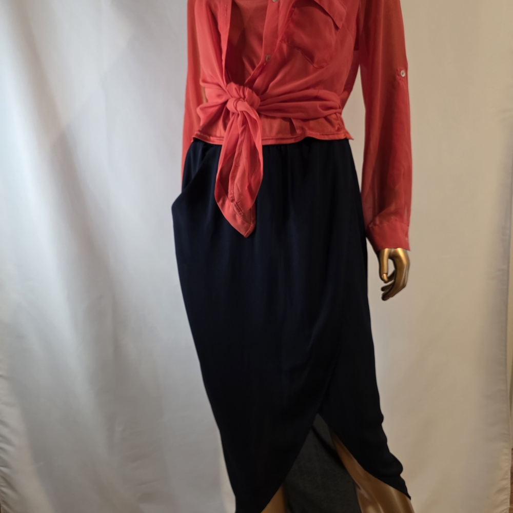 Chic Assymetrical Navy Tulip Skirt, Built In Slip